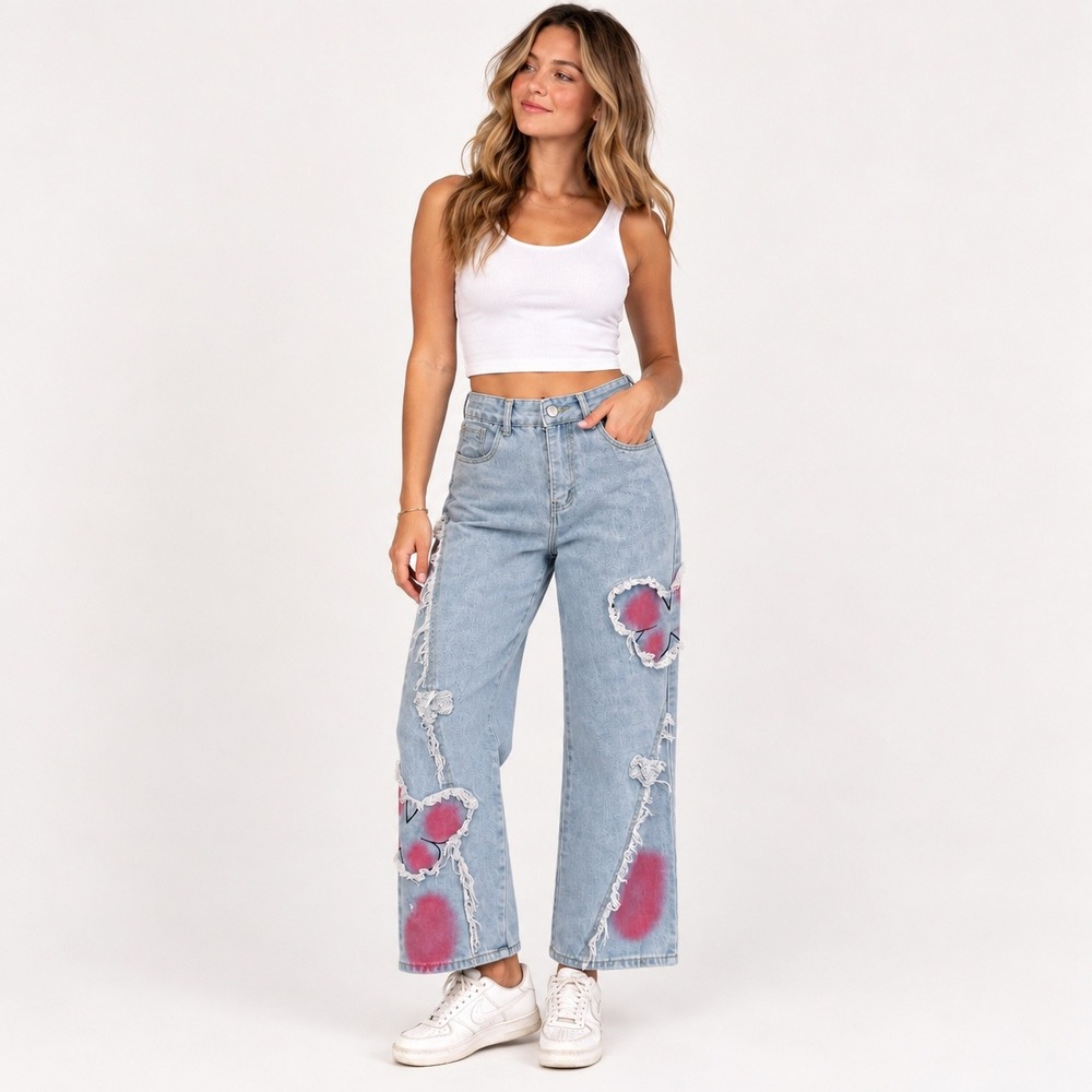 Light Wash High Rise Wide Leg Butterfly Distressed Jeans Airbrush 26